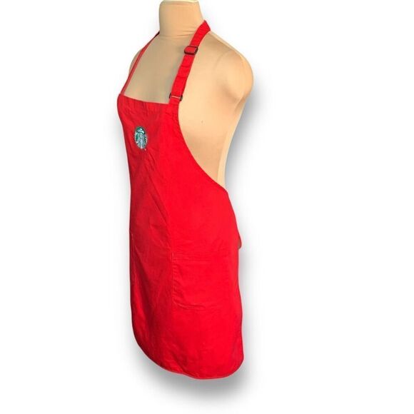 Starbucks Christmas Red Barista Full Apron Green Embroidered Logo Tie Back - Picture 9 of 15